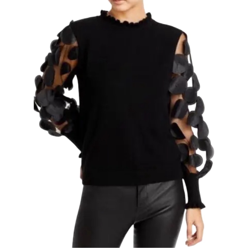 Sioni Milano Mixed Media Embellished Sheer Sleeve Sweater in Black - Size M